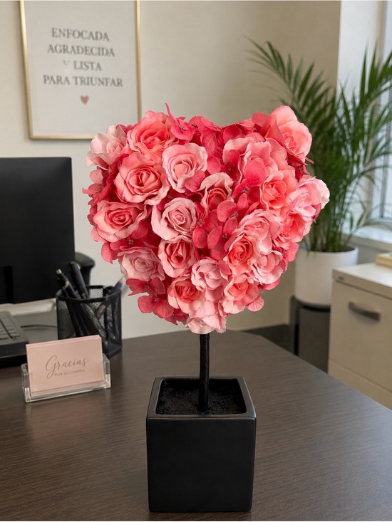 None Other - Pink Heart-Shaped Rose Topiary Artificial Floral Accent